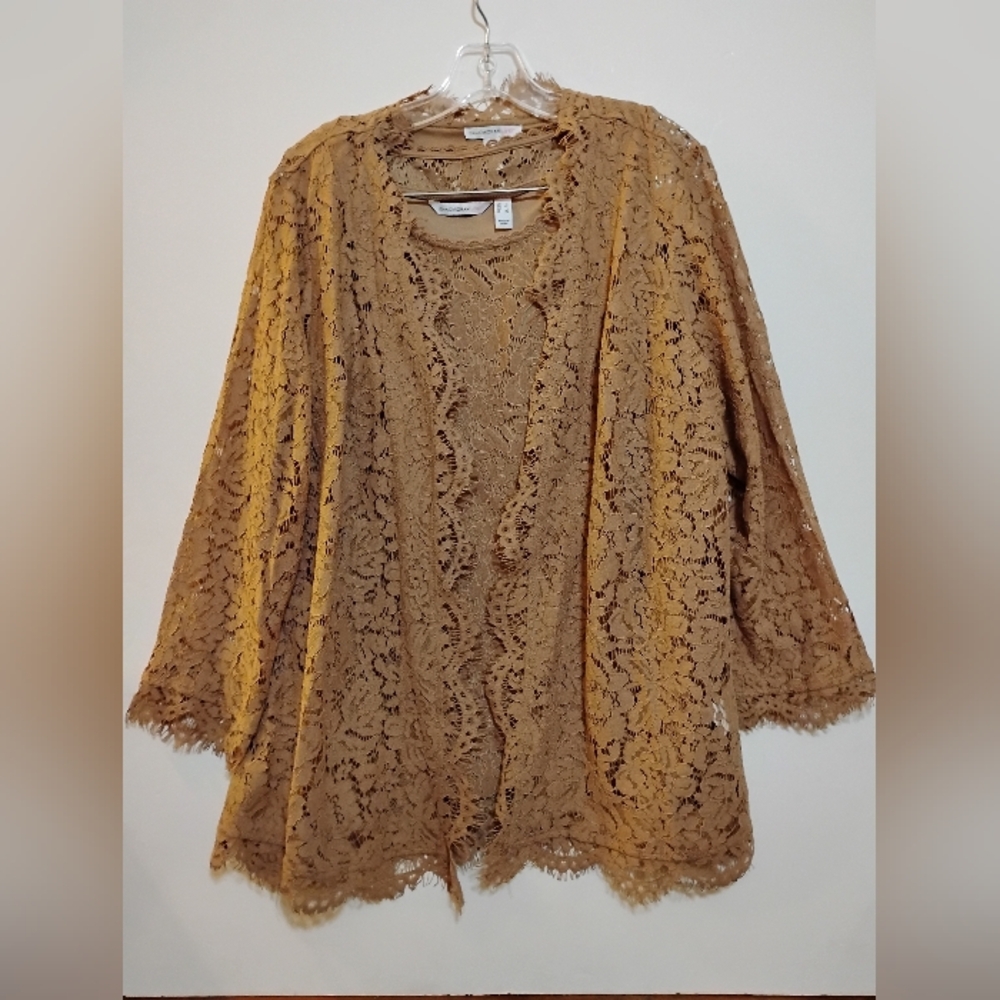 ISAACMIZRAHI LIVE! TM Lace Tank Top & Cardigan Set Brown L Nylon Cotton Viscous